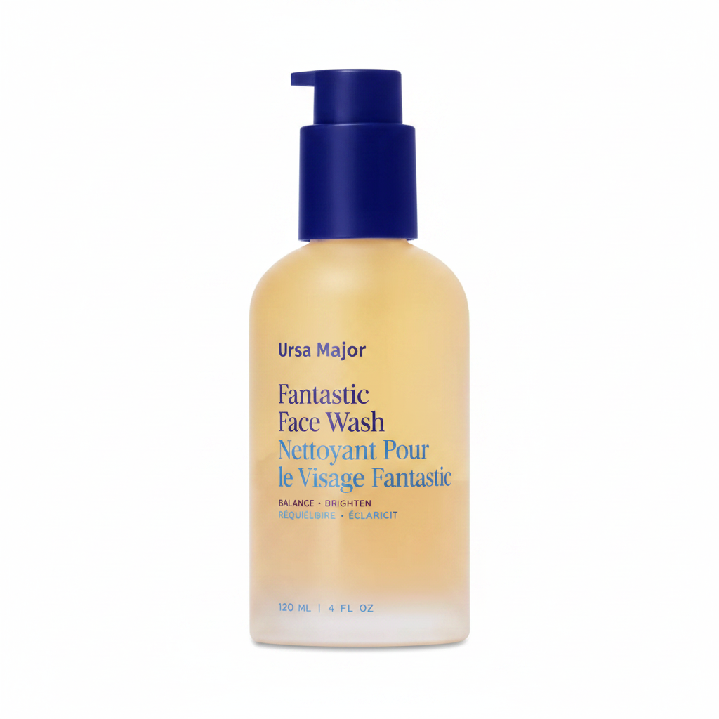 Ursa Major Fantastic Face Wash amber yellow pump bottle close-up on white background