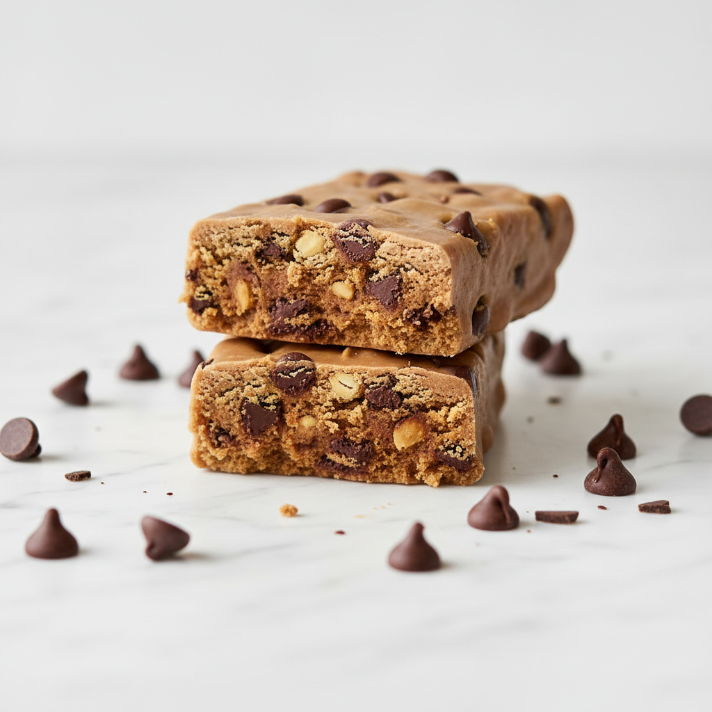 Mosh Cookie Dough Crunch protein bar broken in half showing texture with chocolate chips on marble