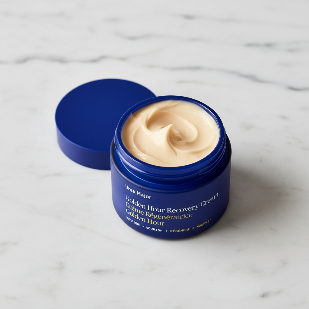 Ursa Major Golden Hour Recovery Cream blue jar open showing cream texture on white marble