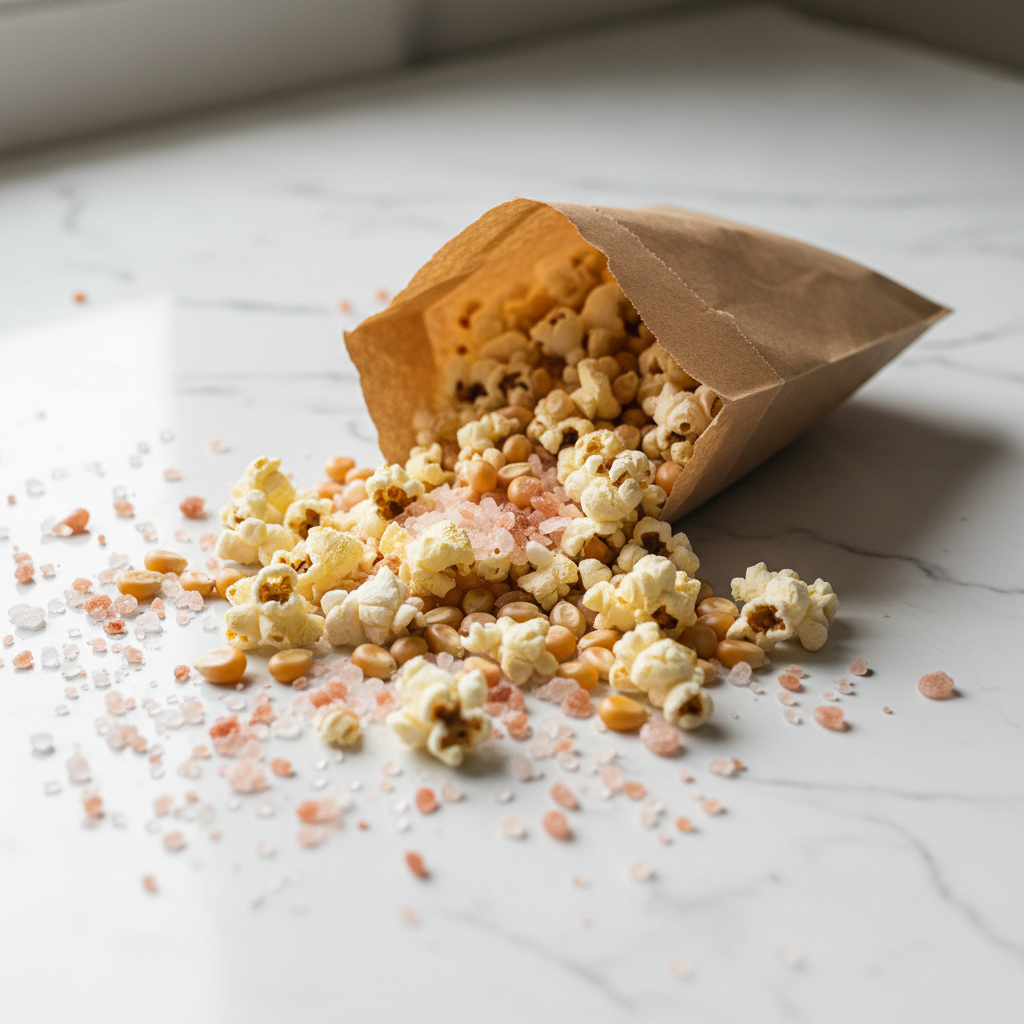 Organic popcorn with Himalayan pink salt crystals spilling from open snack bag on white marble