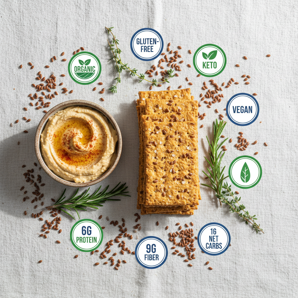 Flackers Sea Salt flat lay with hummus and nutritional claims on white linen
