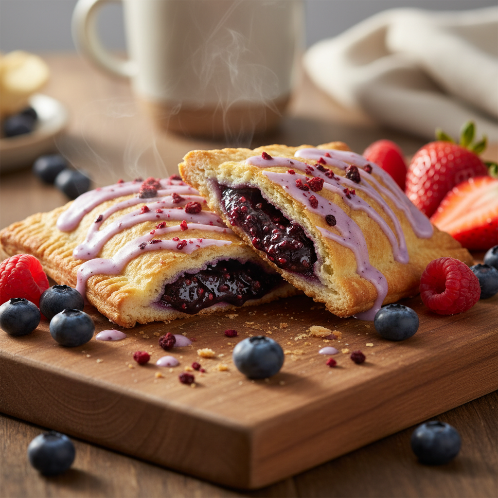 Frosted wildberry acai toaster pastries on wooden board with fresh berries
