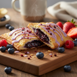 Frosted wildberry acai toaster pastries on wooden board with fresh berries