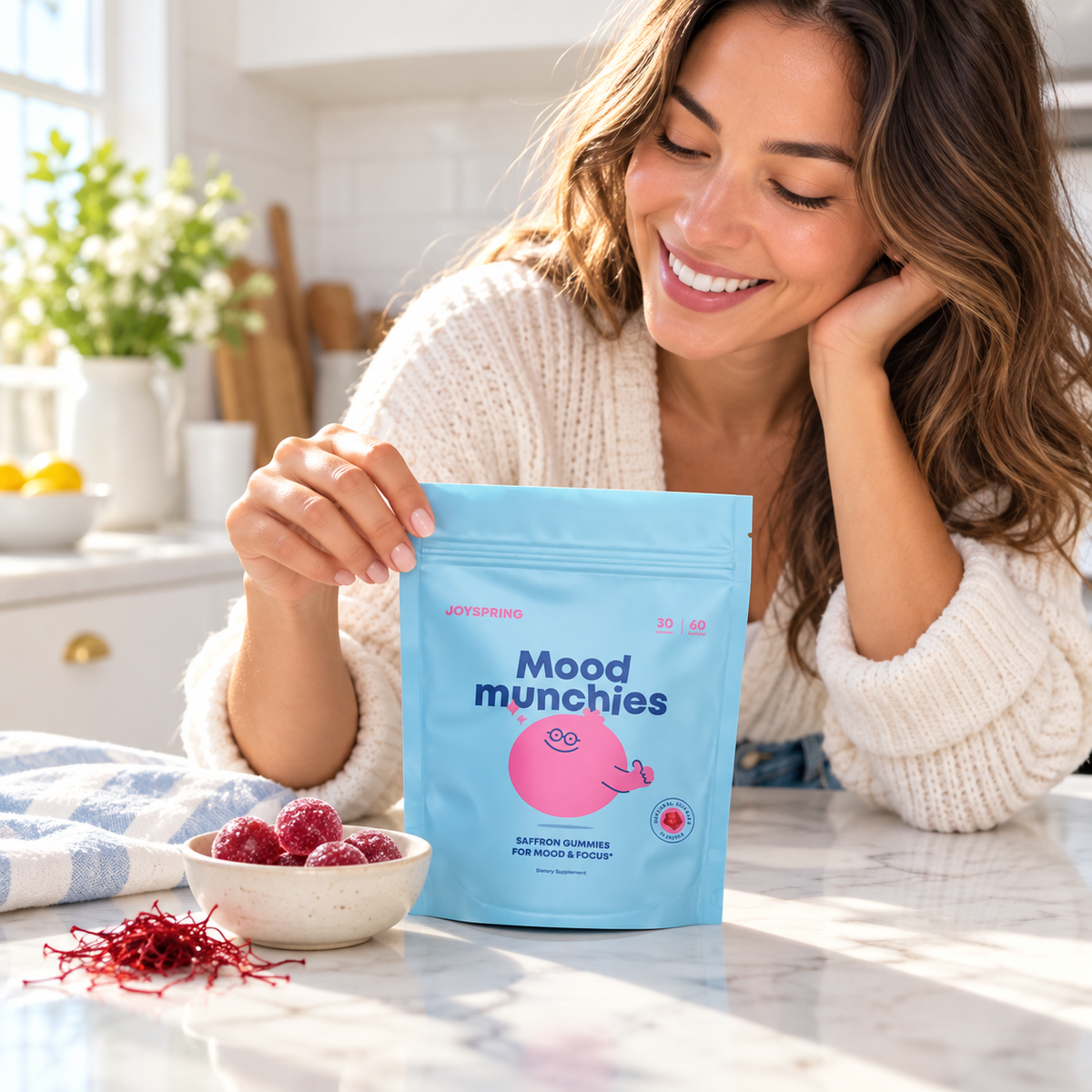 JoySpring Mood Munchies saffron gummies in a bright lifestyle setting