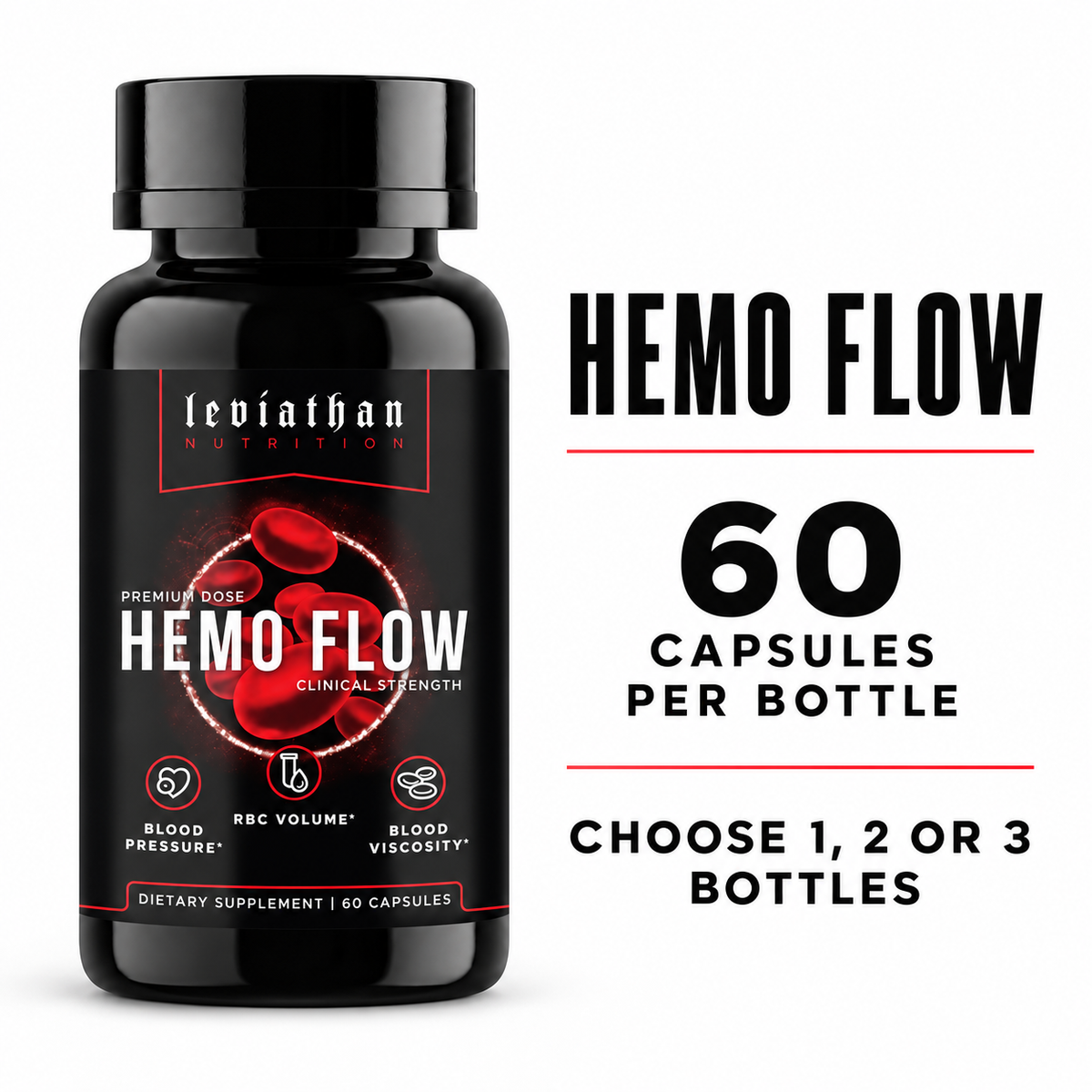 Leviathan Hemo Flow: 60 capsules per bottle, packs of 1, 2 or 3 bottles