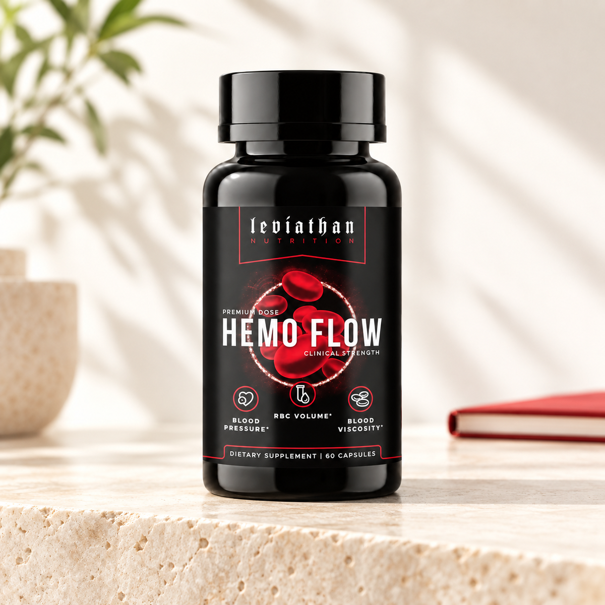 Leviathan Hemo Flow 60-capsule bottle on a bright stone shelf