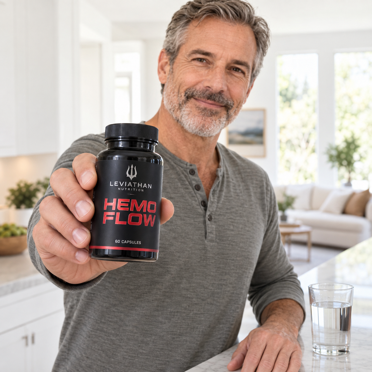 Adult man holding Leviathan Hemo Flow 60 capsules in a bright home setting