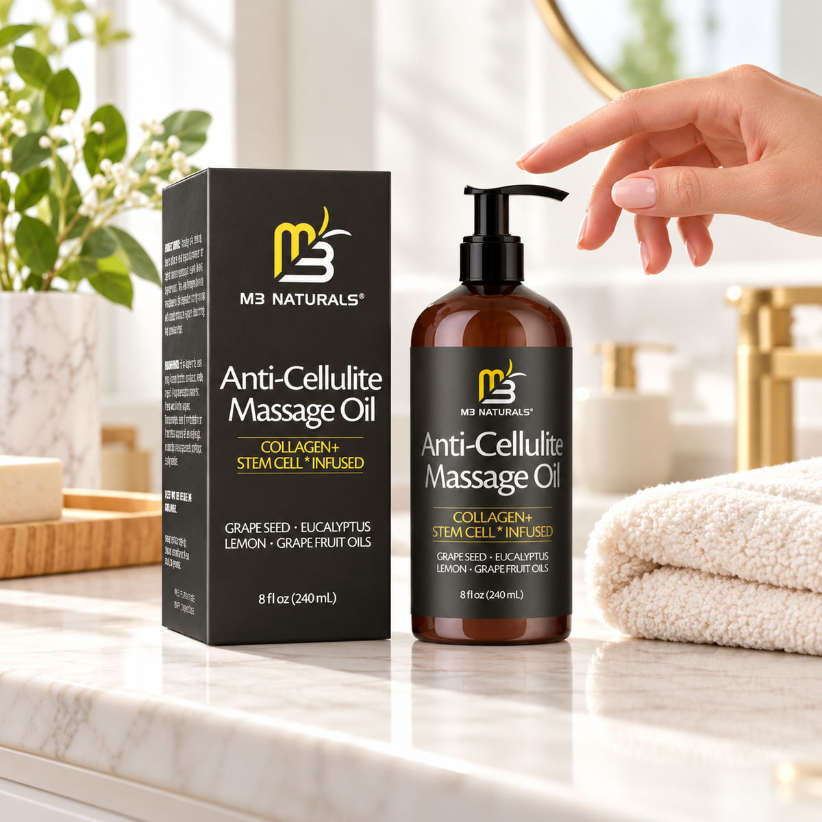 M3 Naturals Anti-Cellulite Massage Oil, 8 fl oz, bright bathroom setting