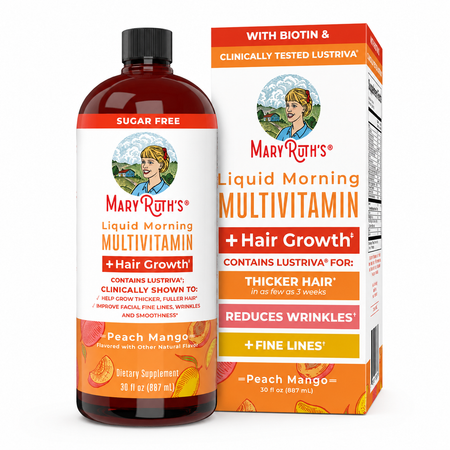 MaryRuth's Liquid Morning Multivitamin + Hair Growth Peach Mango 30 fl oz – bottle and box