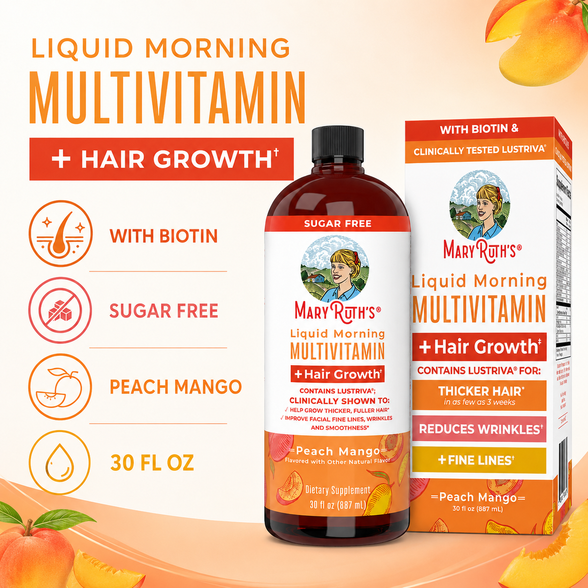 MaryRuth's Liquid Morning Multivitamin product highlights – biotin, sugar free, peach mango, 30 fl oz