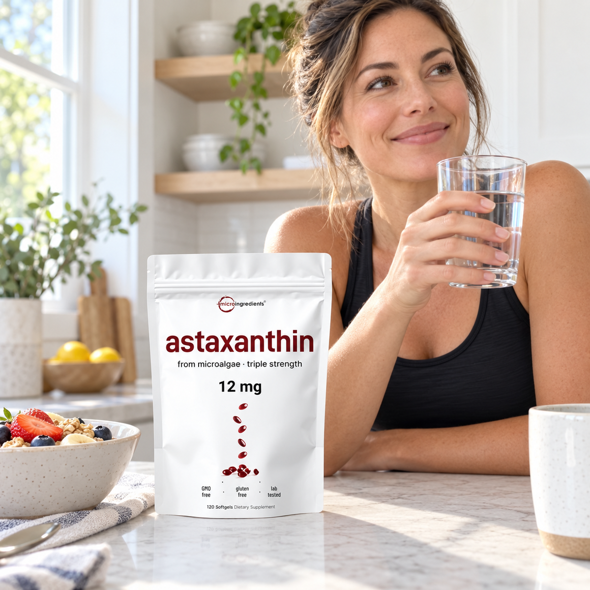 Micro Ingredients Astaxanthin 12 mg in a bright breakfast setting