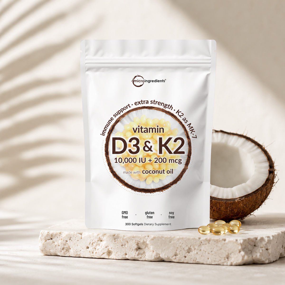 Vitamin D3 and K2 with coconut oil and softgels