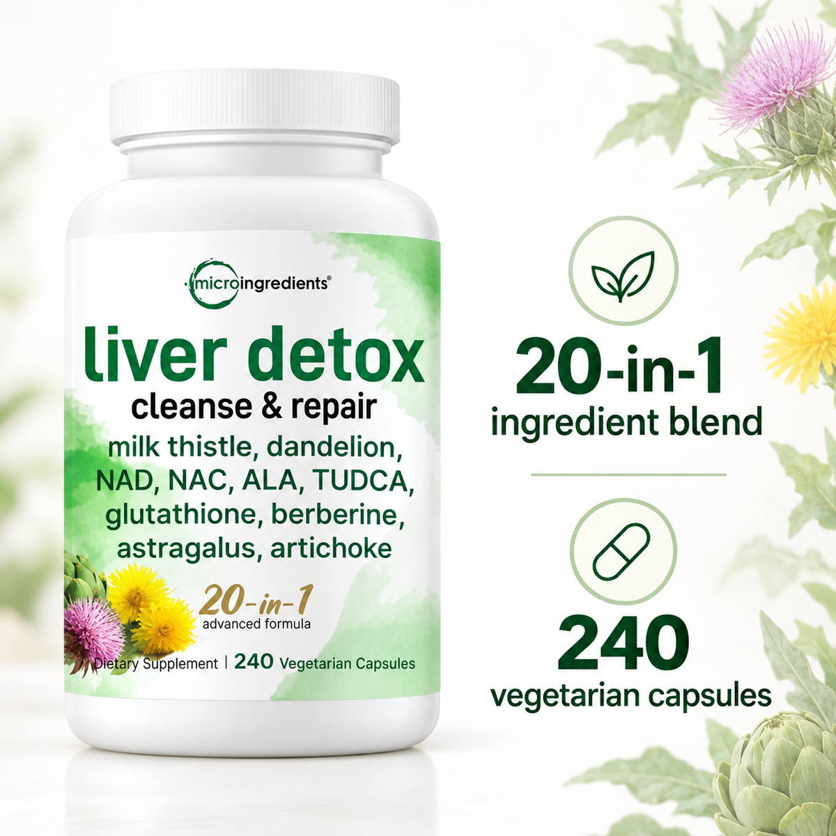 Micro Ingredients Liver Detox 20-in-1 blend, 240 vegetarian capsules