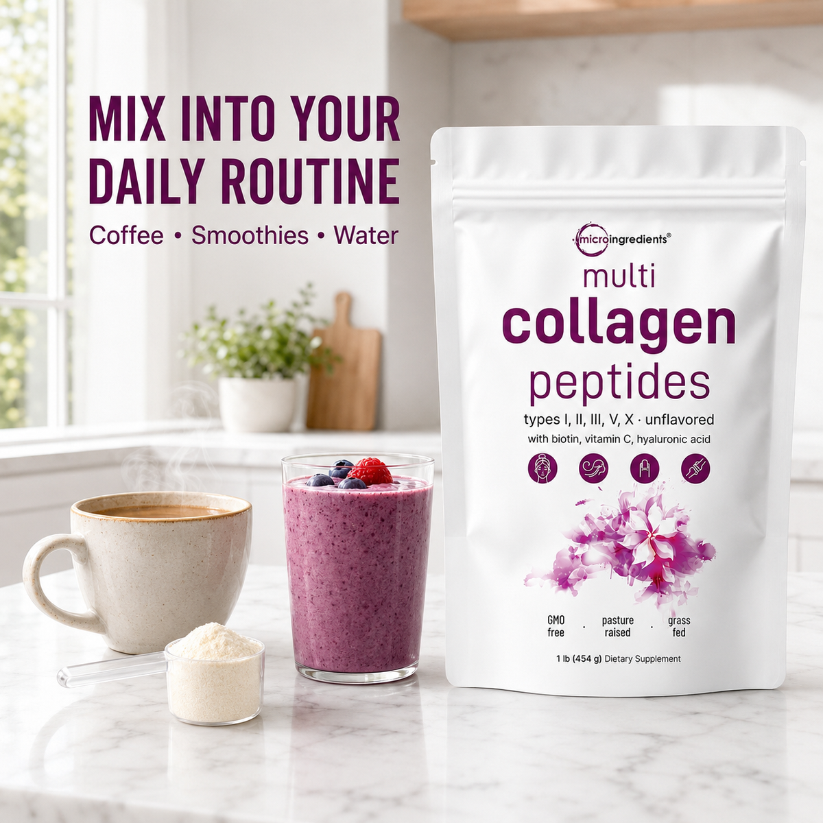 Micro Ingredients Multi Collagen daily coffee smoothie and water routine