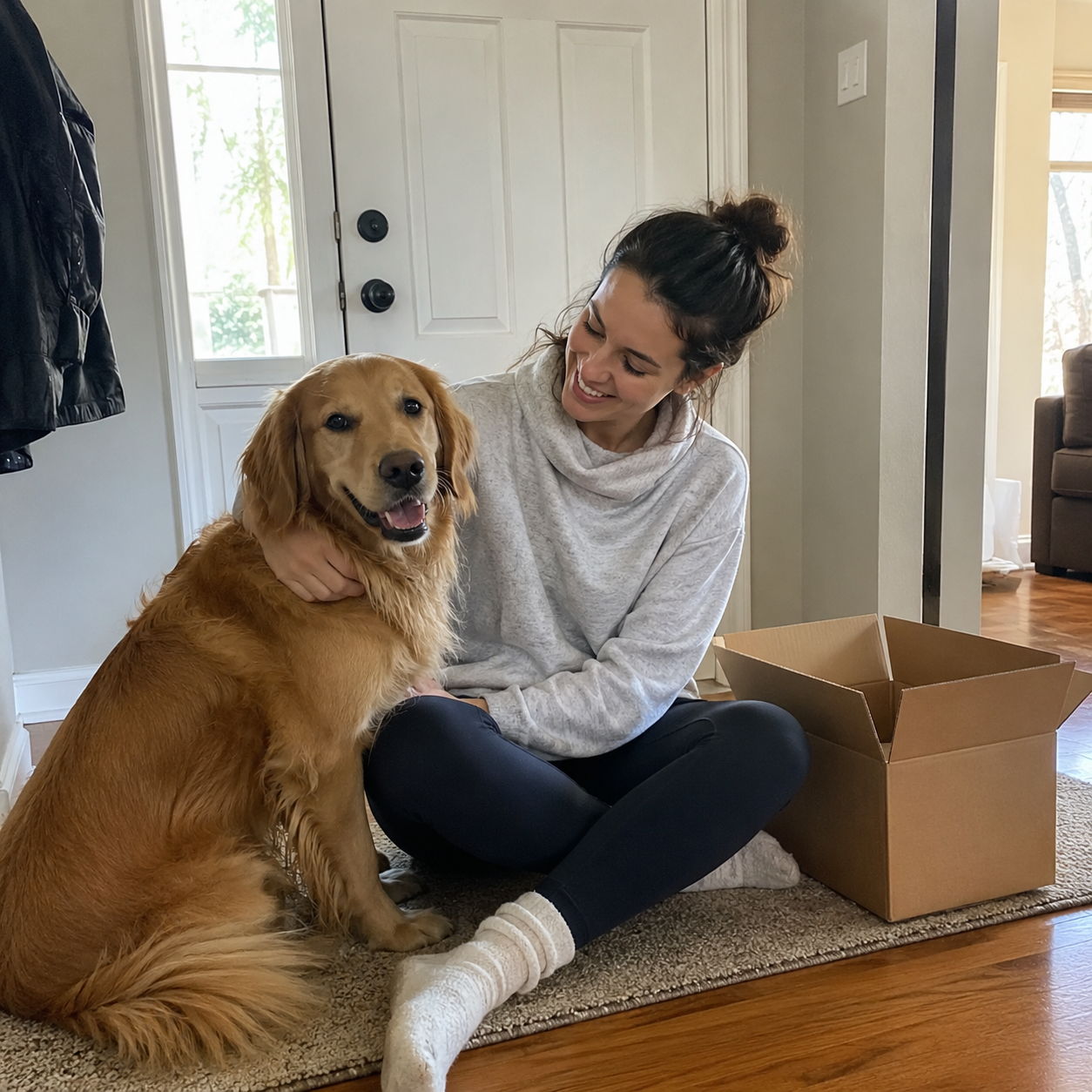 Dog owner opening a delivery box with her dog