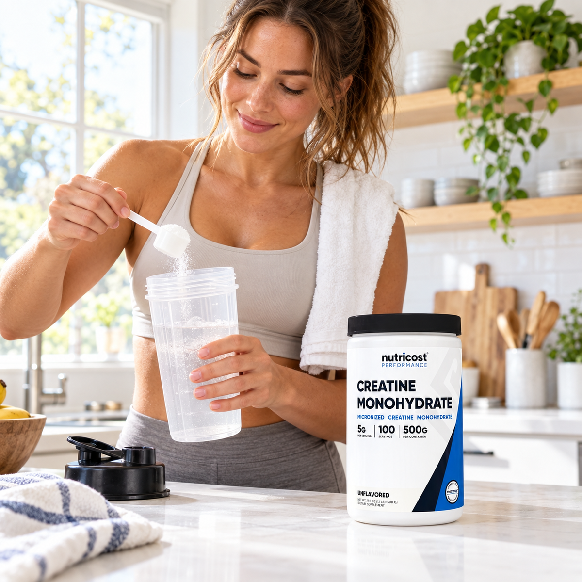 Nutricost Creatine Monohydrate in a bright kitchen routine