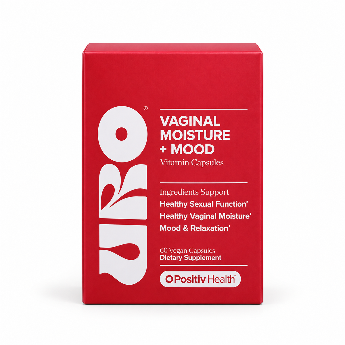 O Positiv URO Vaginal Moisture + Mood, 60 capsule carton on white