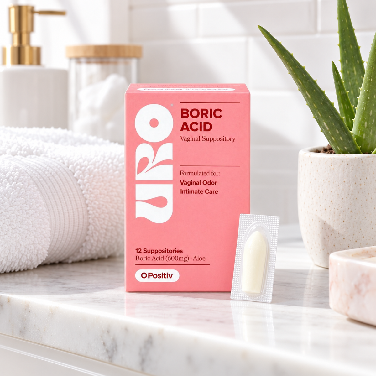 O Positiv URO Boric Acid suppositories in a bright bathroom setting