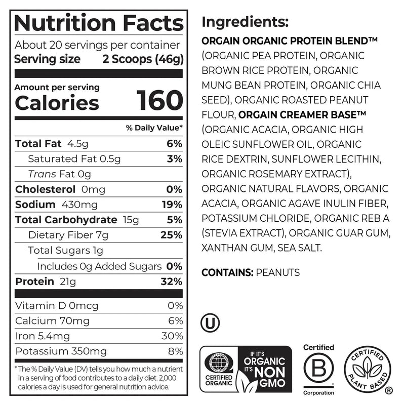 Orgain Peanut Butter nutrition facts and ingredients