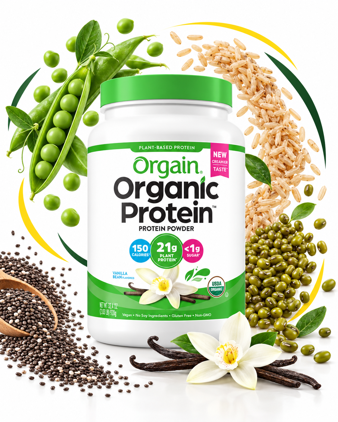 Orgain Vanilla Bean protein powder with peas, brown rice, mung beans, chia seeds and vanilla
