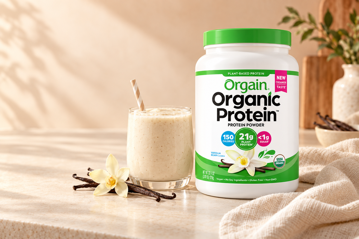 Orgain Vanilla Bean with a creamy vanilla smoothie in warm morning light