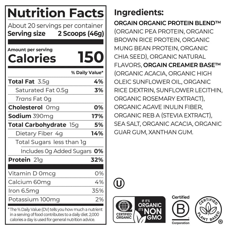 Orgain Vanilla Bean nutrition facts and ingredients