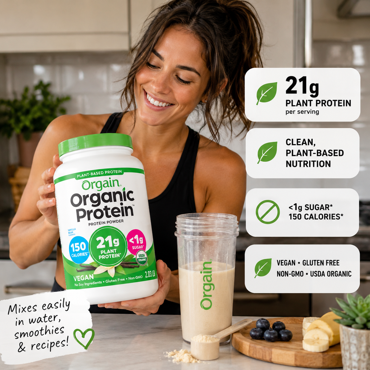 Orgain Organic Plant Based Protein Vanilla Bean lifestyle UGC with shake