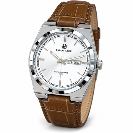 PABLO RAEZ brown leather strap watch with white dial on a white background