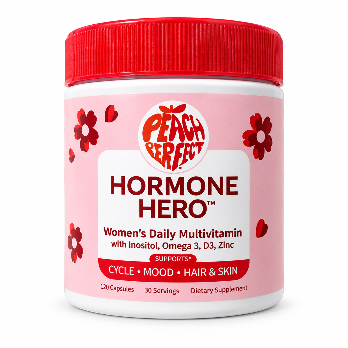 Peach Perfect Hormone Hero women’s daily multivitamin 120 capsules on white background