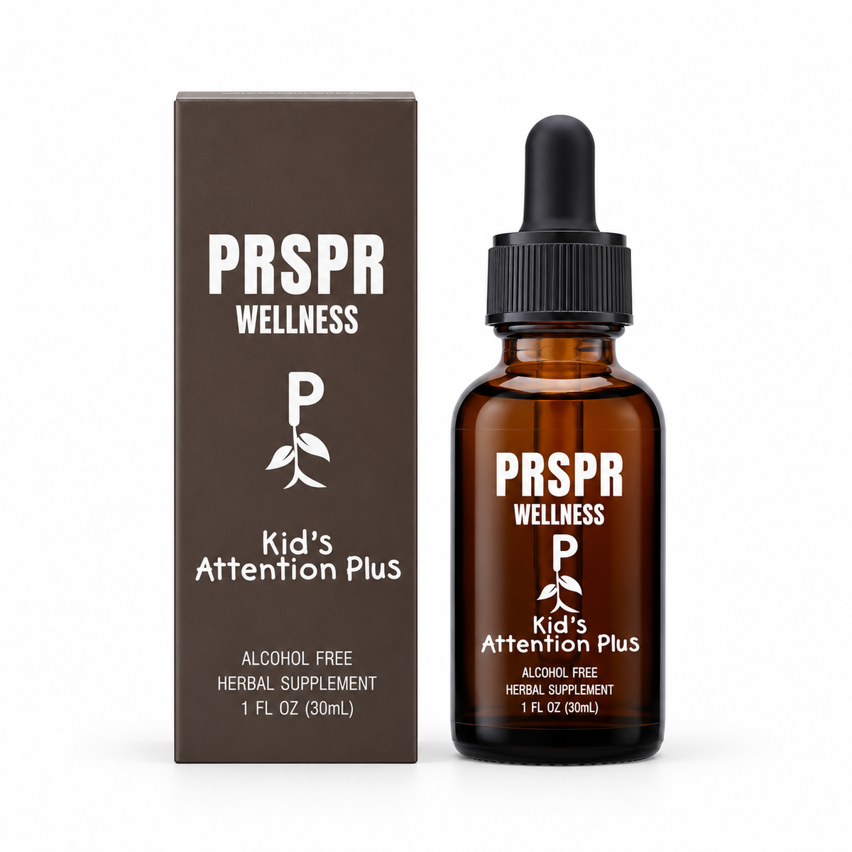 PRSPR Wellness Kid's Attention Plus, 1 fl oz bottle and carton on white