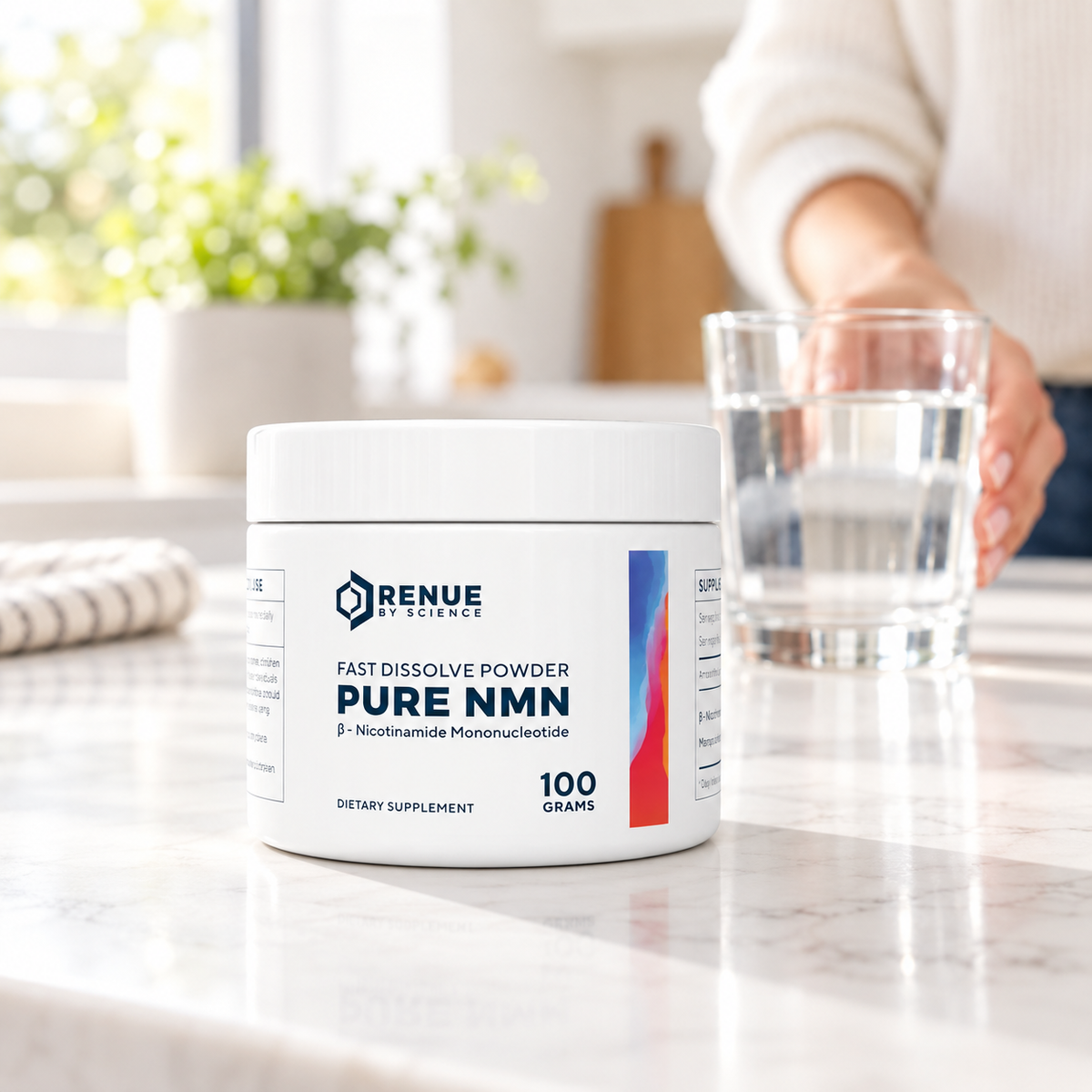 Renue by Science Pure NMN 100 g in a bright kitchen