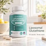 Illustrative lifestyle scene: Rosabella Liposomal Glutathione, 60 capsules and 30-day supply