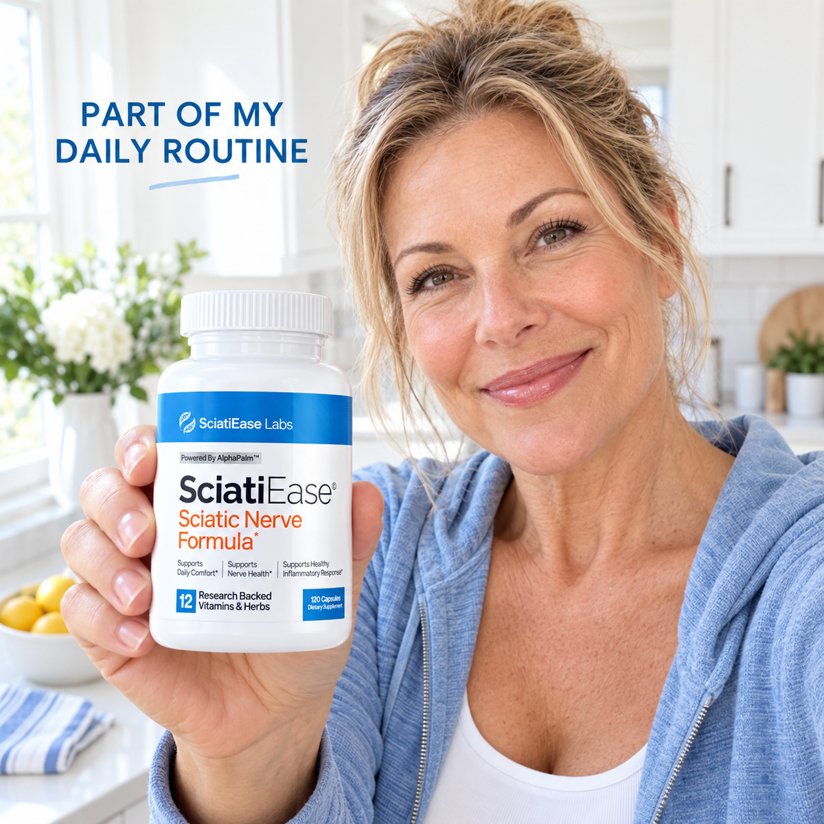 Woman holding SciatiEase in a bright kitchen