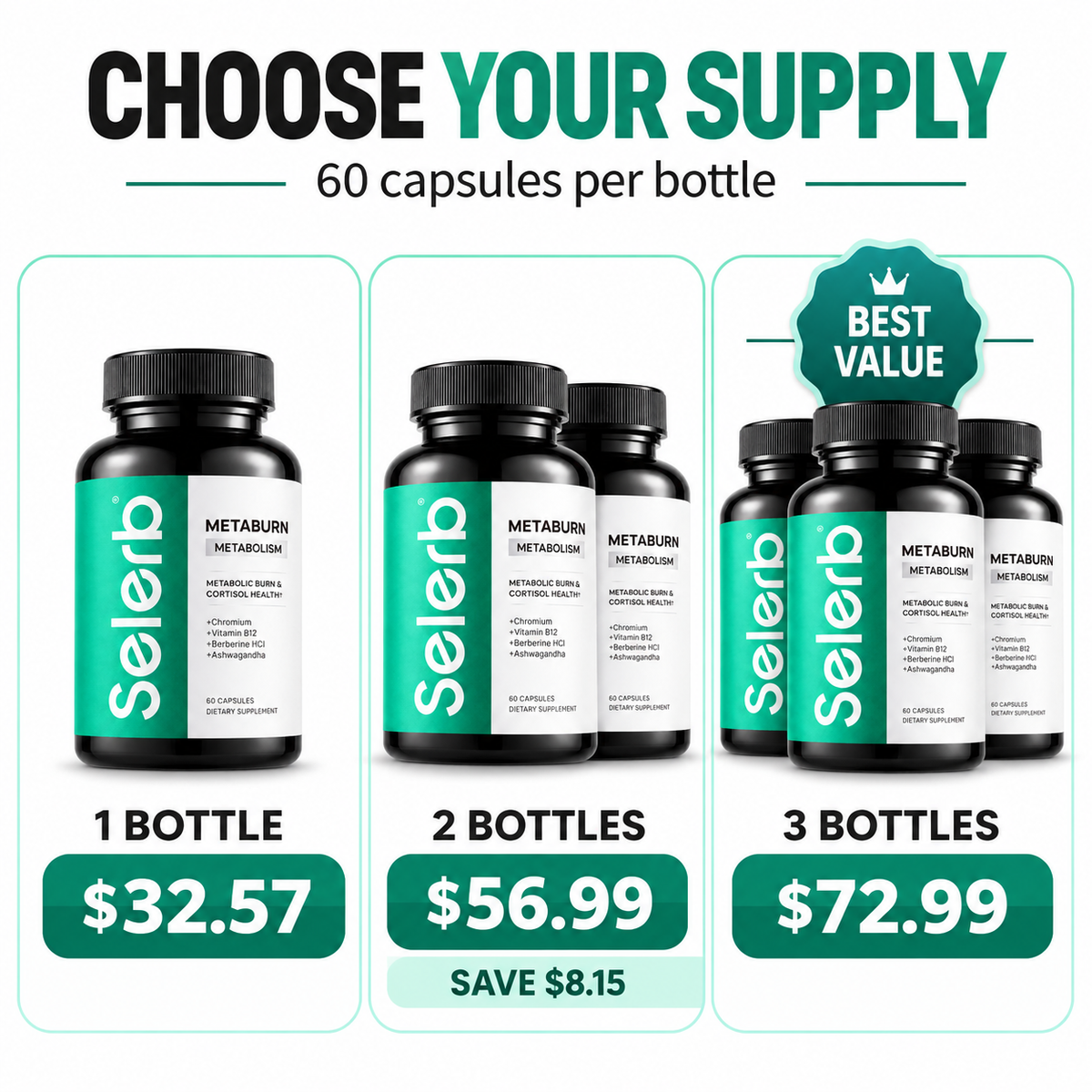 Selerb MetaBurn 1 2 and 3 bottle options