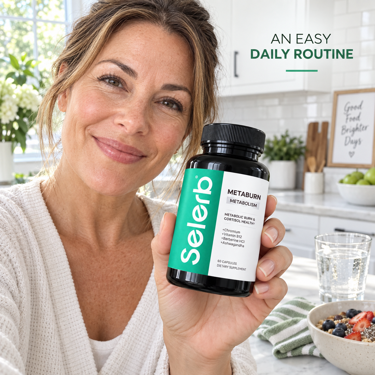 Woman holding Selerb MetaBurn with breakfast and water
