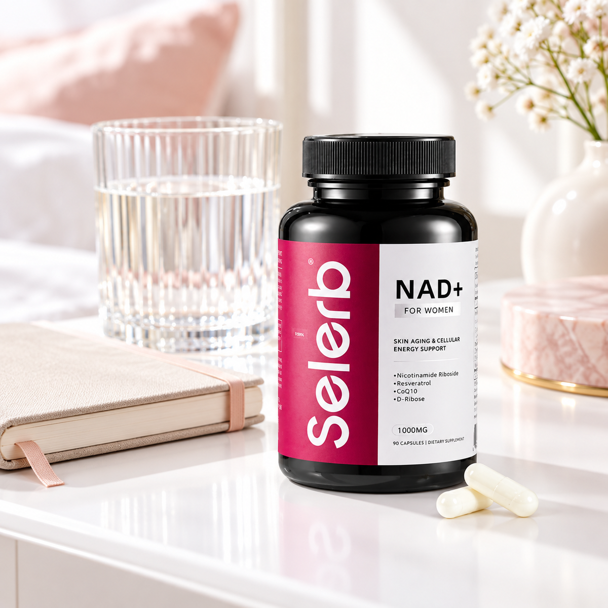 Illustrative bright lifestyle scene with Selerb Liposomal NAD+ For Women 8-in-1 90-capsule bottle