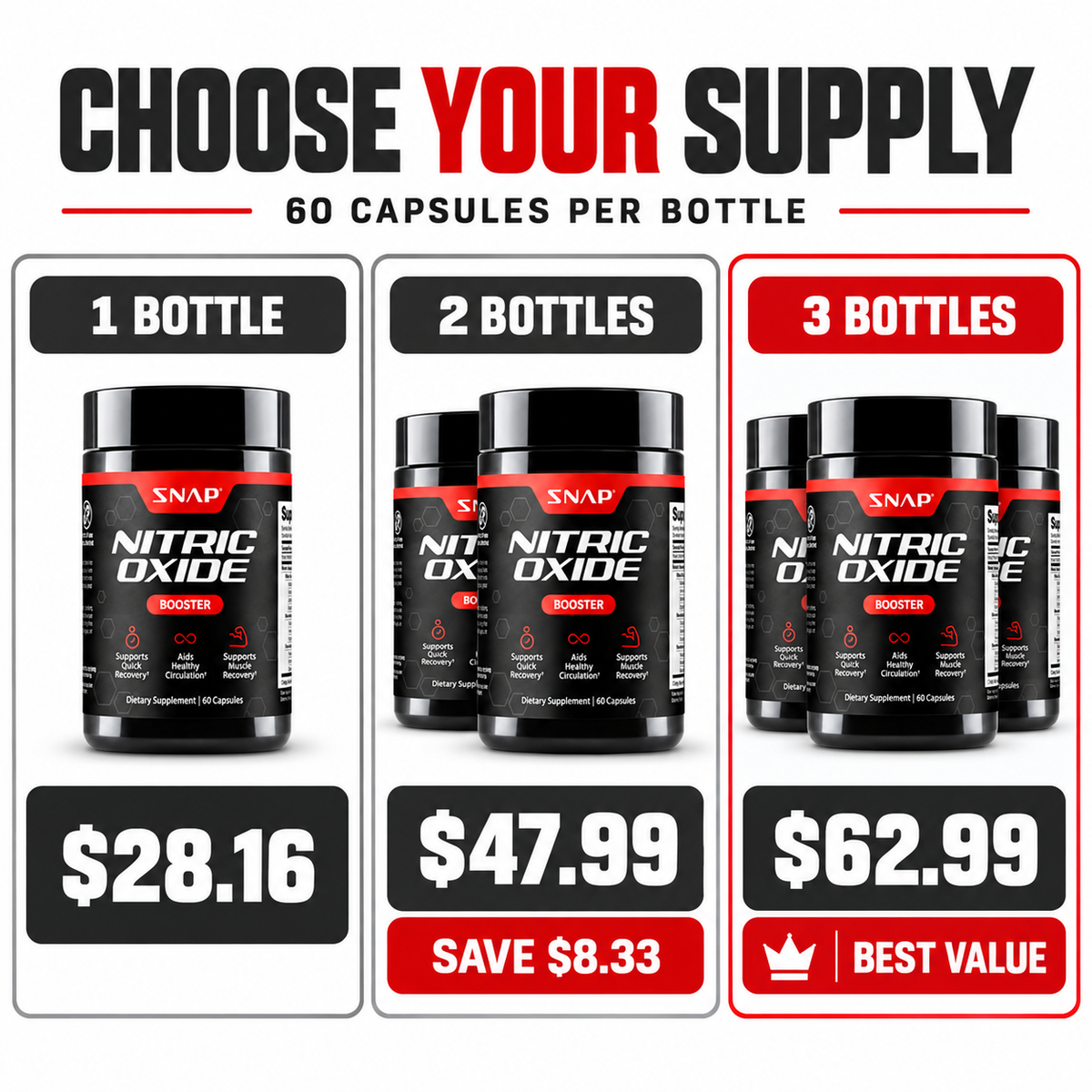SNAP Nitric Oxide Booster 1 2 and 3 bottle options