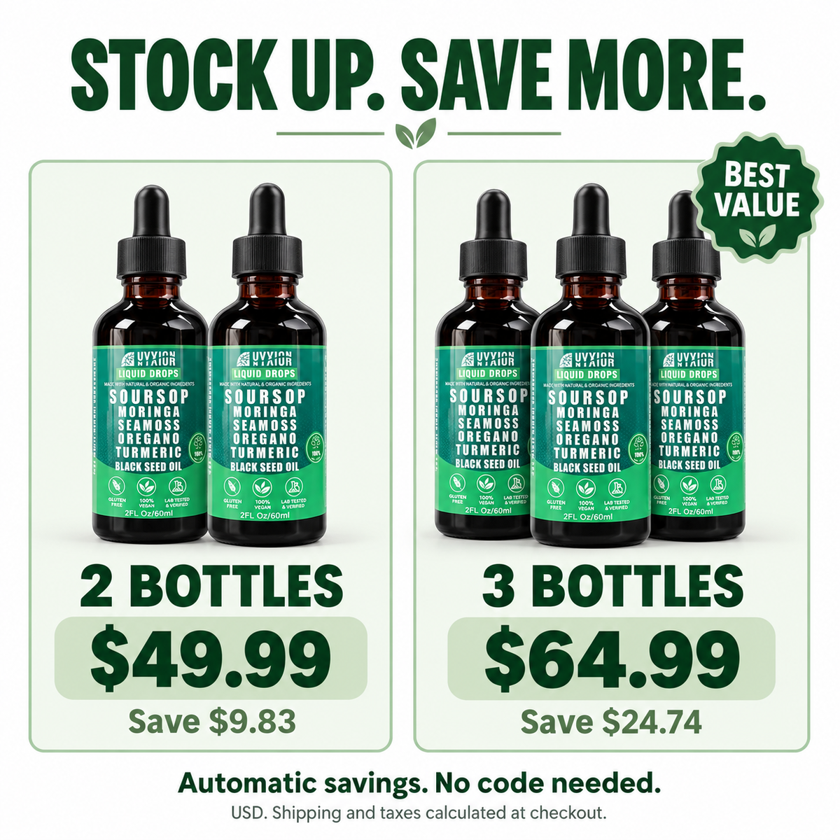 Soursop drops offer: 2 bottles $49.99 or 3 bottles $64.99 USD