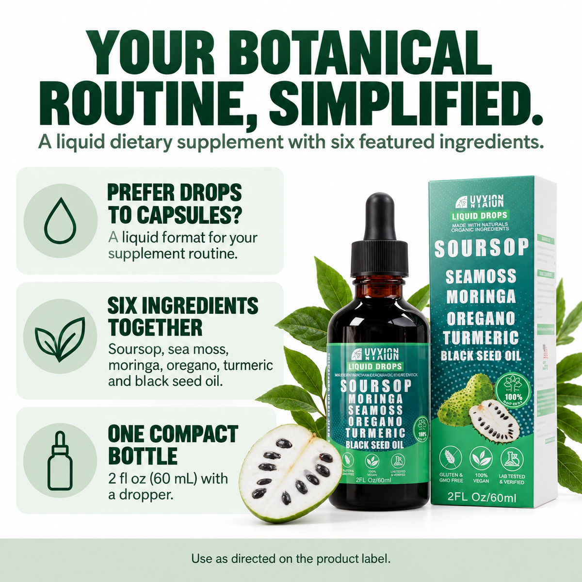 Liquid botanical supplement: six featured ingredients in a 2 fl oz dropper bottle, an alternative format to capsules
