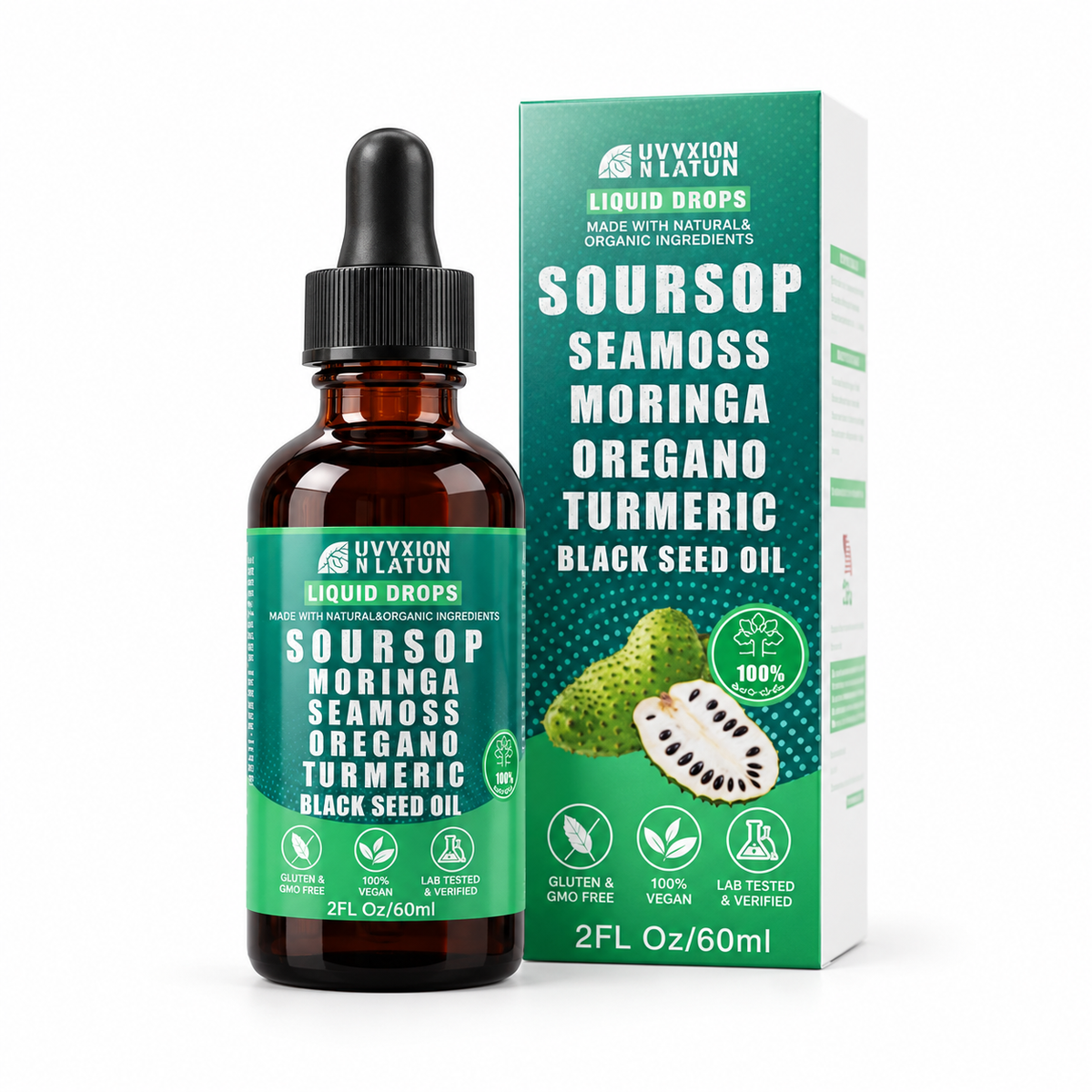 Soursop botanical liquid drops, 2 fl oz bottle and green carton