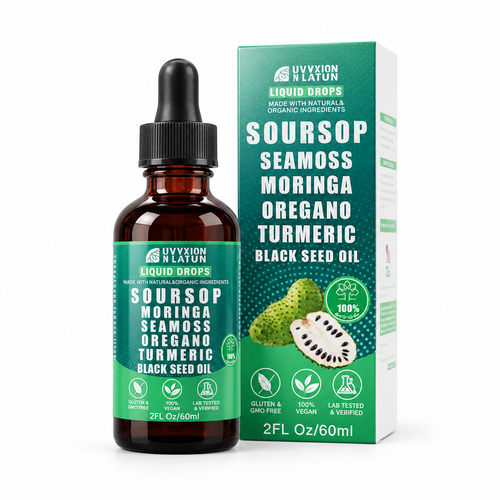 Soursop botanical liquid drops, 2 fl oz bottle and green carton