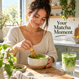 Illustrative hot-or-cold matcha preparation scene for RYZE Mushroom Matcha
