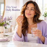 Illustrative capsule-and-water daily routine scene for Zoyava Cosmic Collagen
