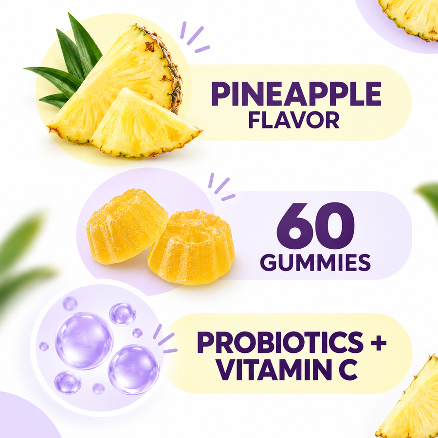 Lemme Purr facts — pineapple flavor, 60 gummies, probiotics and vitamin C