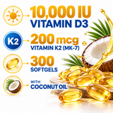Vitamin D3 and K2 facts — 10,000 IU D3, 200 mcg K2, 300 softgels with coconut oil