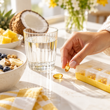 Illustrative vitamin softgel breakfast routine scene
