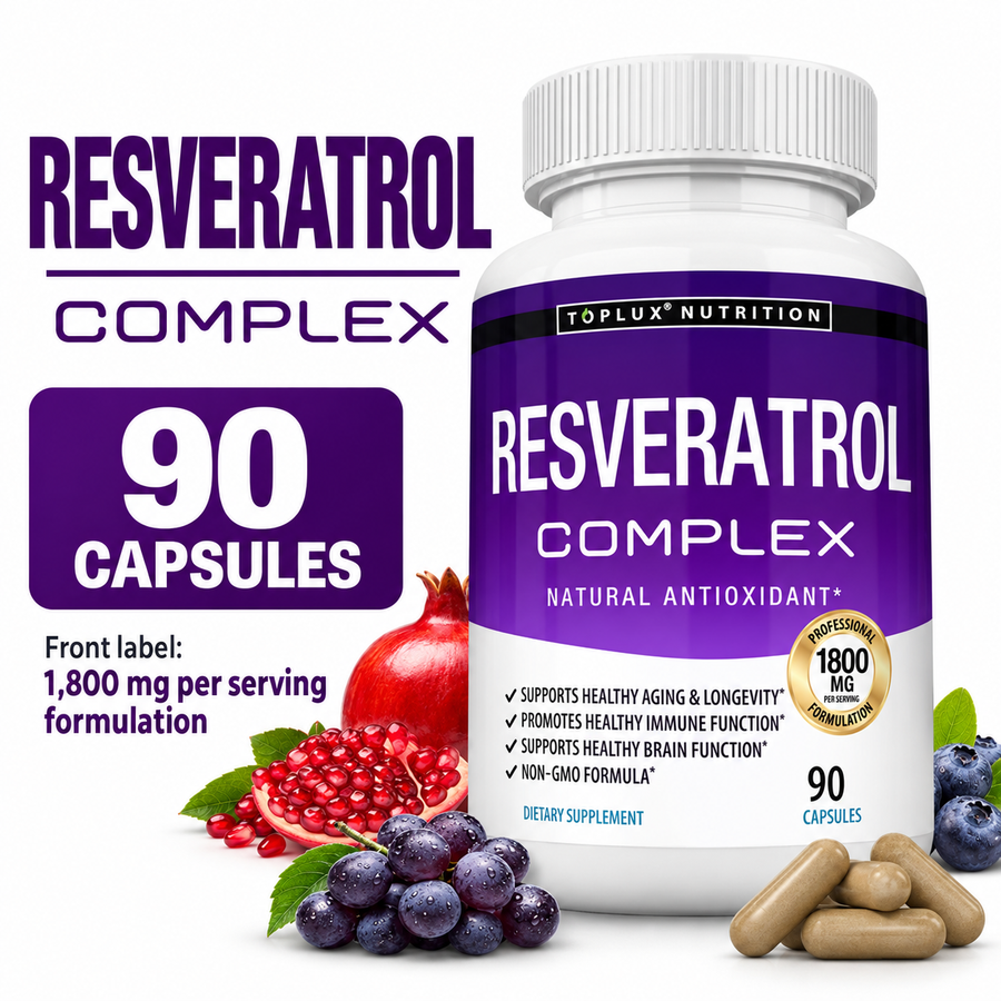 Toplux Nutrition Resveratrol Complex package facts and 90 capsule count