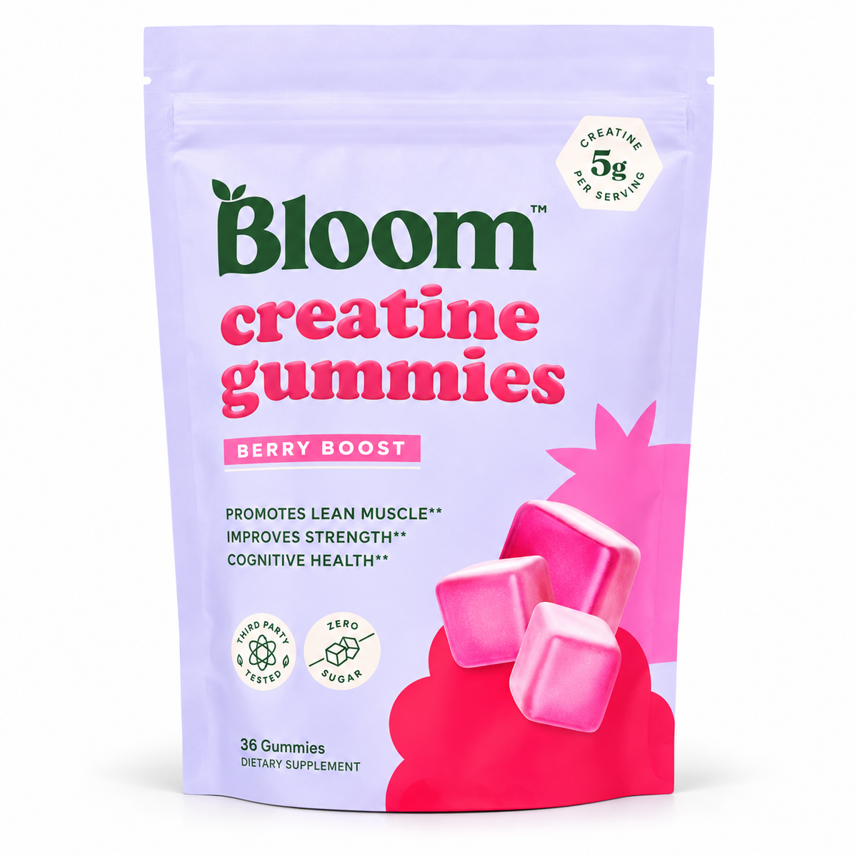 Bloom Nutrition Creatine Gummies Berry Boost pouch, 36 gummies, on white