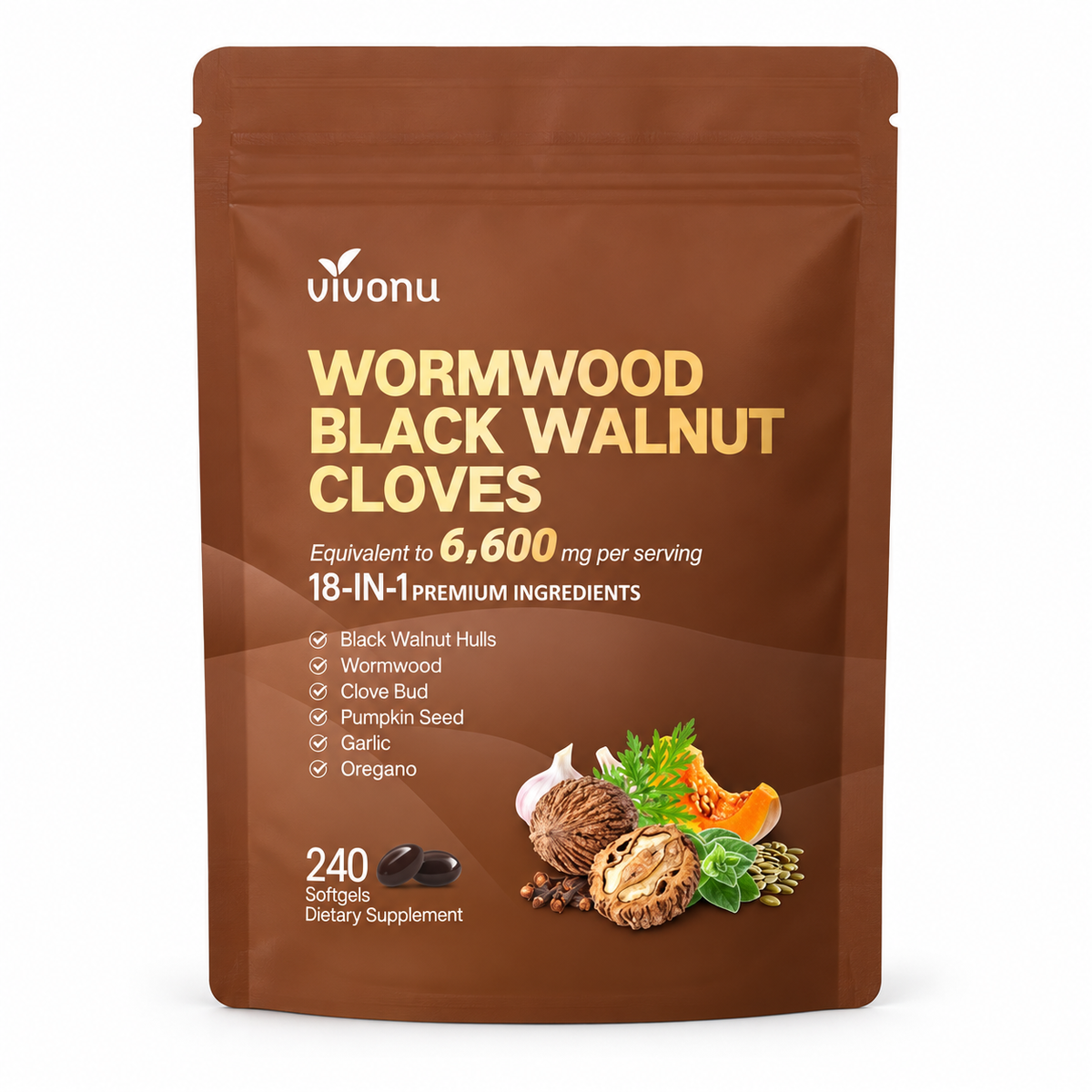 VivoNu Wormwood Black Walnut Cloves 240 softgels on white