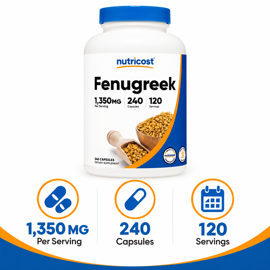 Nutricost Fenugreek product facts: 1,350 mg per serving, 240 capsules, 120 servings